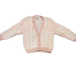 Vintage Ivy Cardigan Women's Medium Hand Knit Oversize Coquette Pink Fair Isle